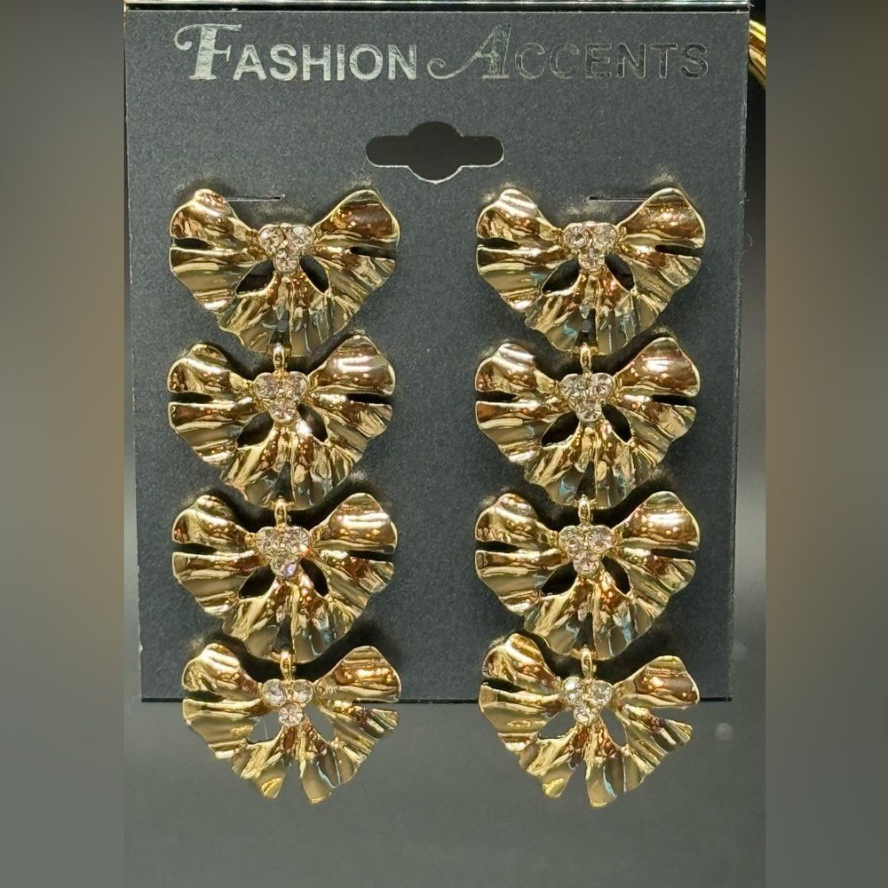 Gold Tone Fan Shaped With Crystals Post Earrings